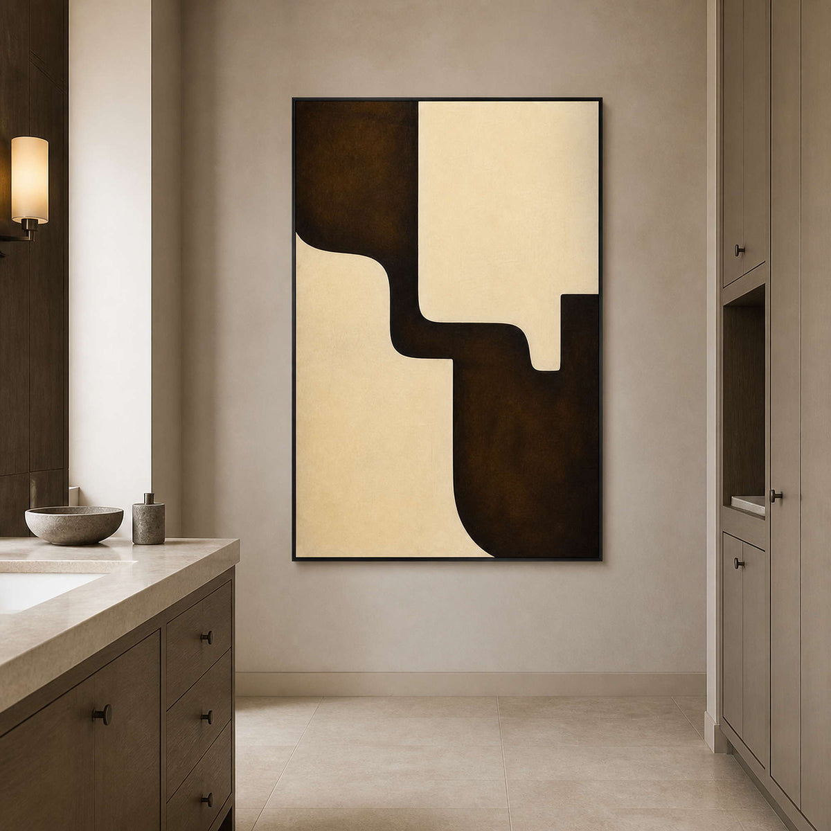 Ivory Moves Through Umber in a black-framed bathroom