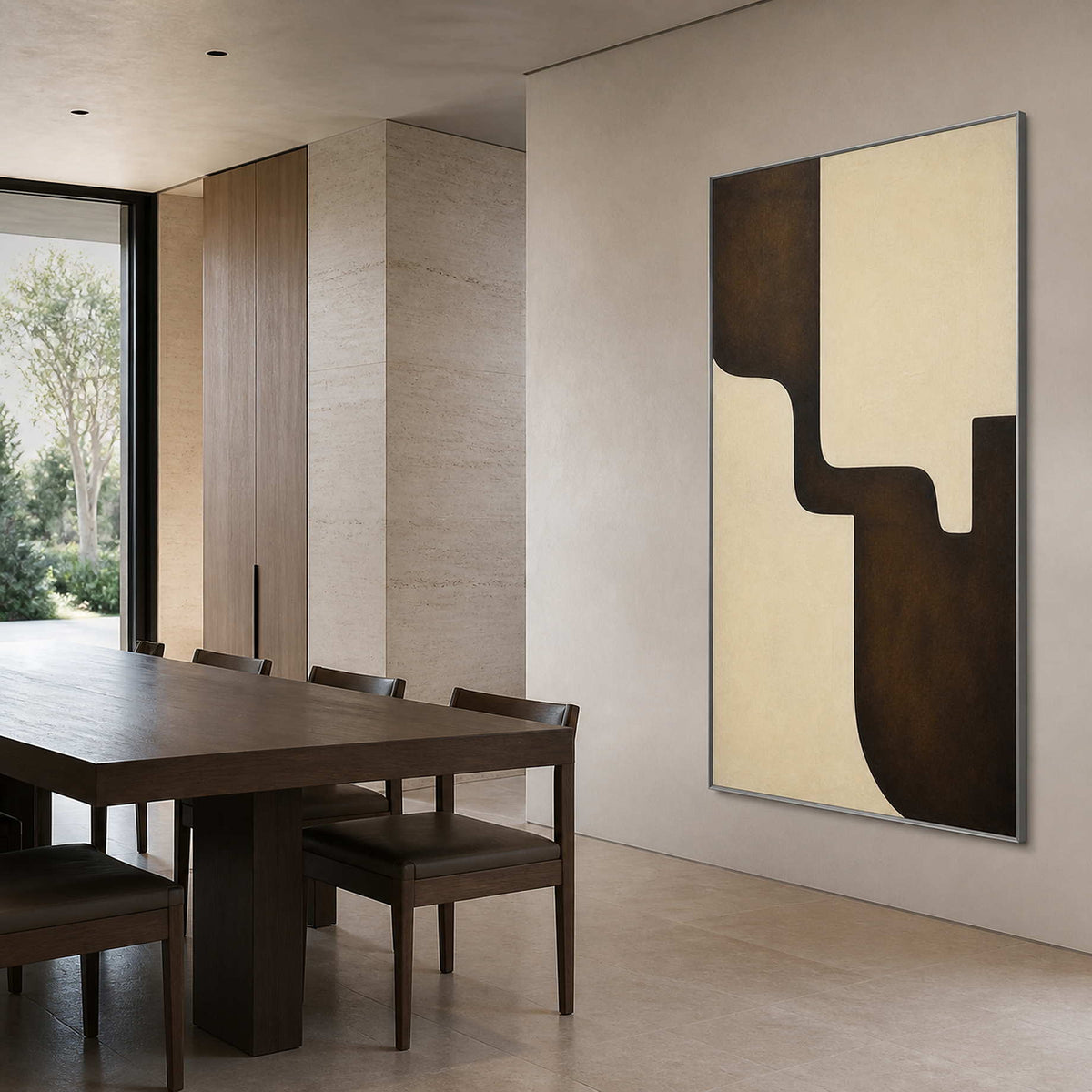 Ivory Moves Through Umber in a silver-framed dining room