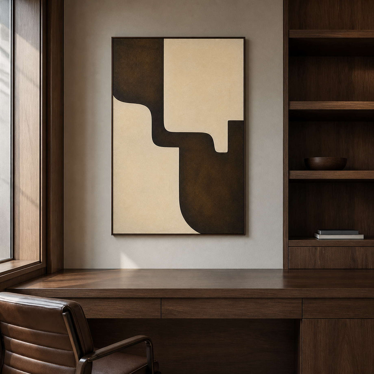 Ivory Moves Through Umber in a wood-framed office