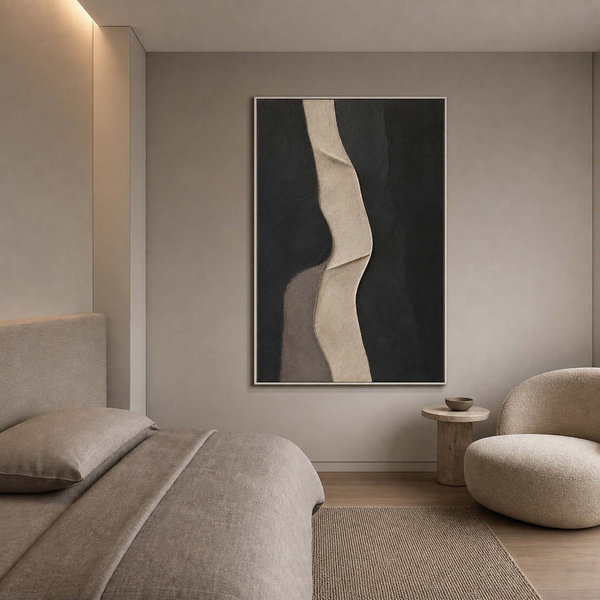 Minimalist Abstract Wall Art displayed in a refined bedroom.