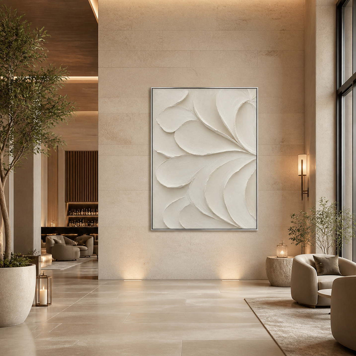 Vertical minimalist wall art displayed in a warm stone boutique hotel lounge.
