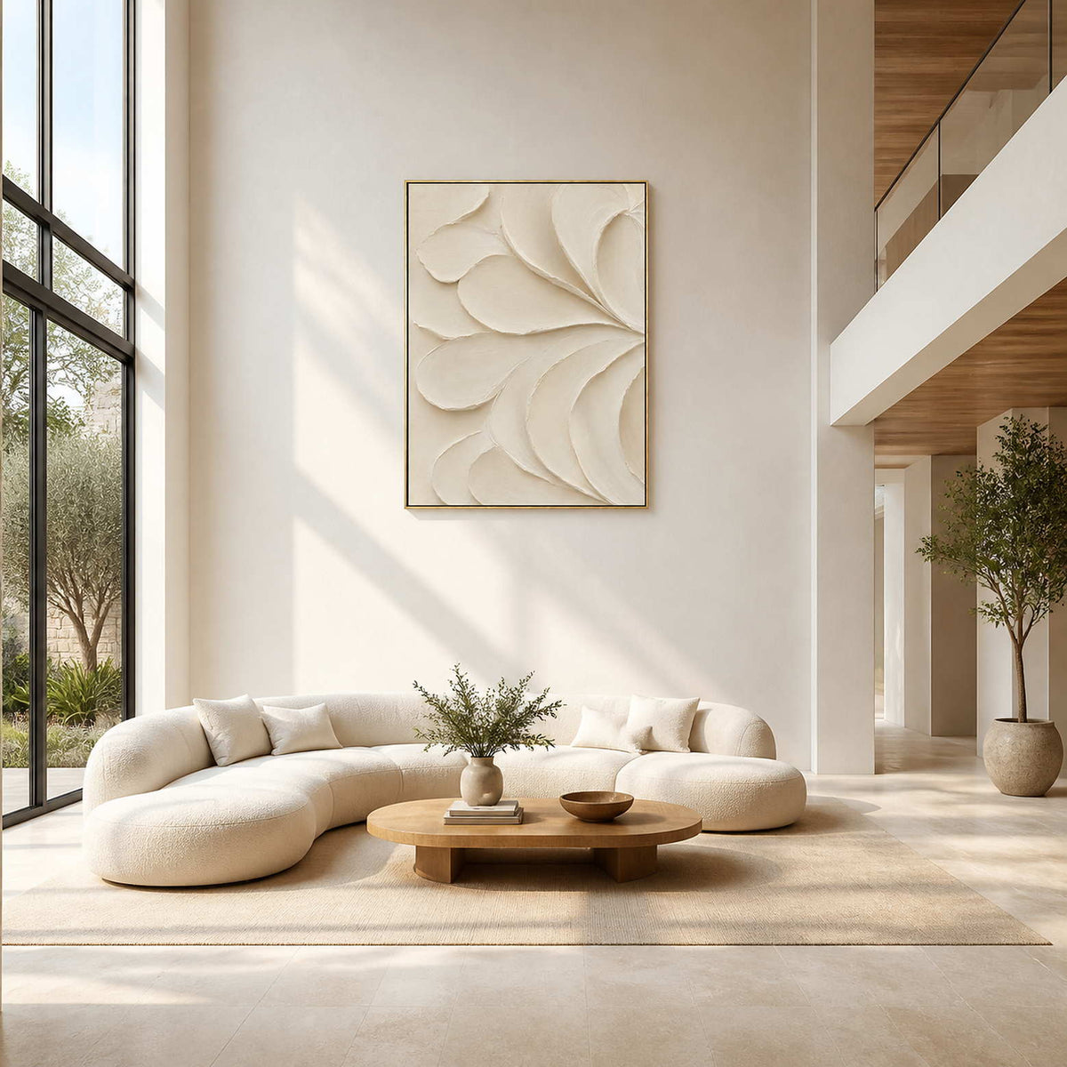 Ivory textured minimalist wall art displayed in a cream double-height living room.