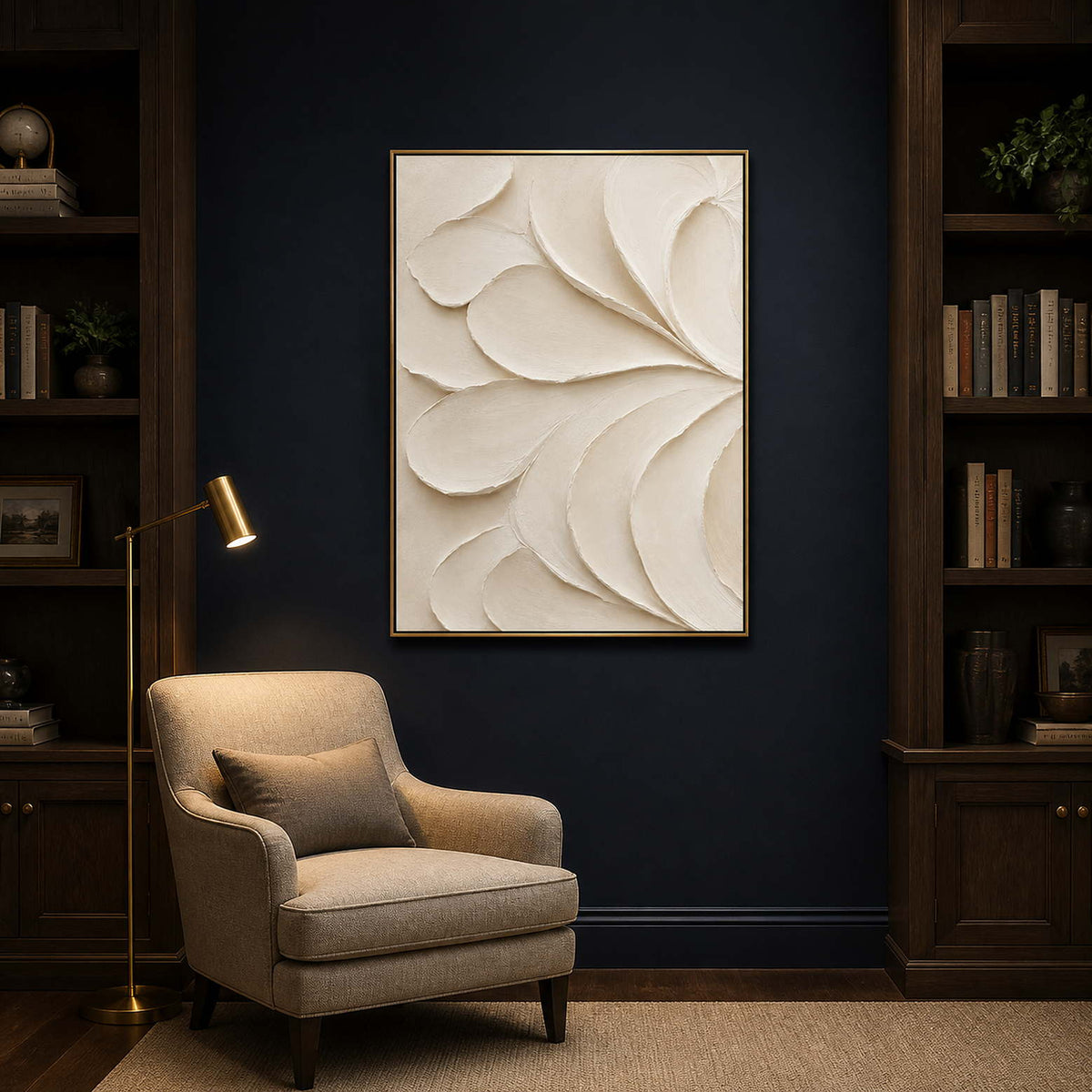 White textured abstract wall art displayed in a deep blue reading room.
