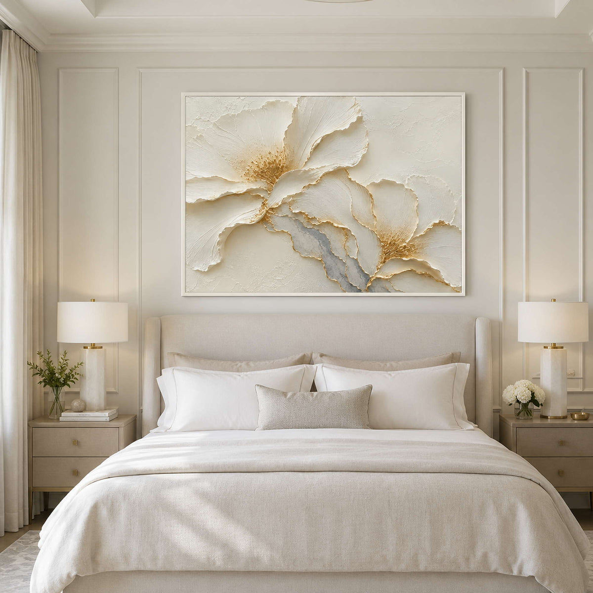 Soft ivory floral wall art for a calm bedroom.