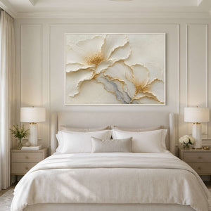 Soft ivory floral wall art for a calm bedroom.