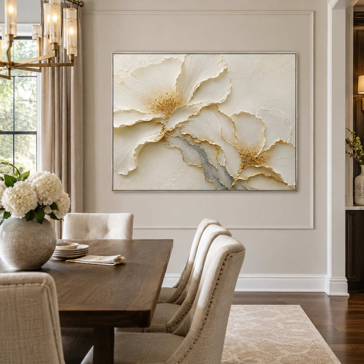 White and gold floral canvas in a refined dining room.