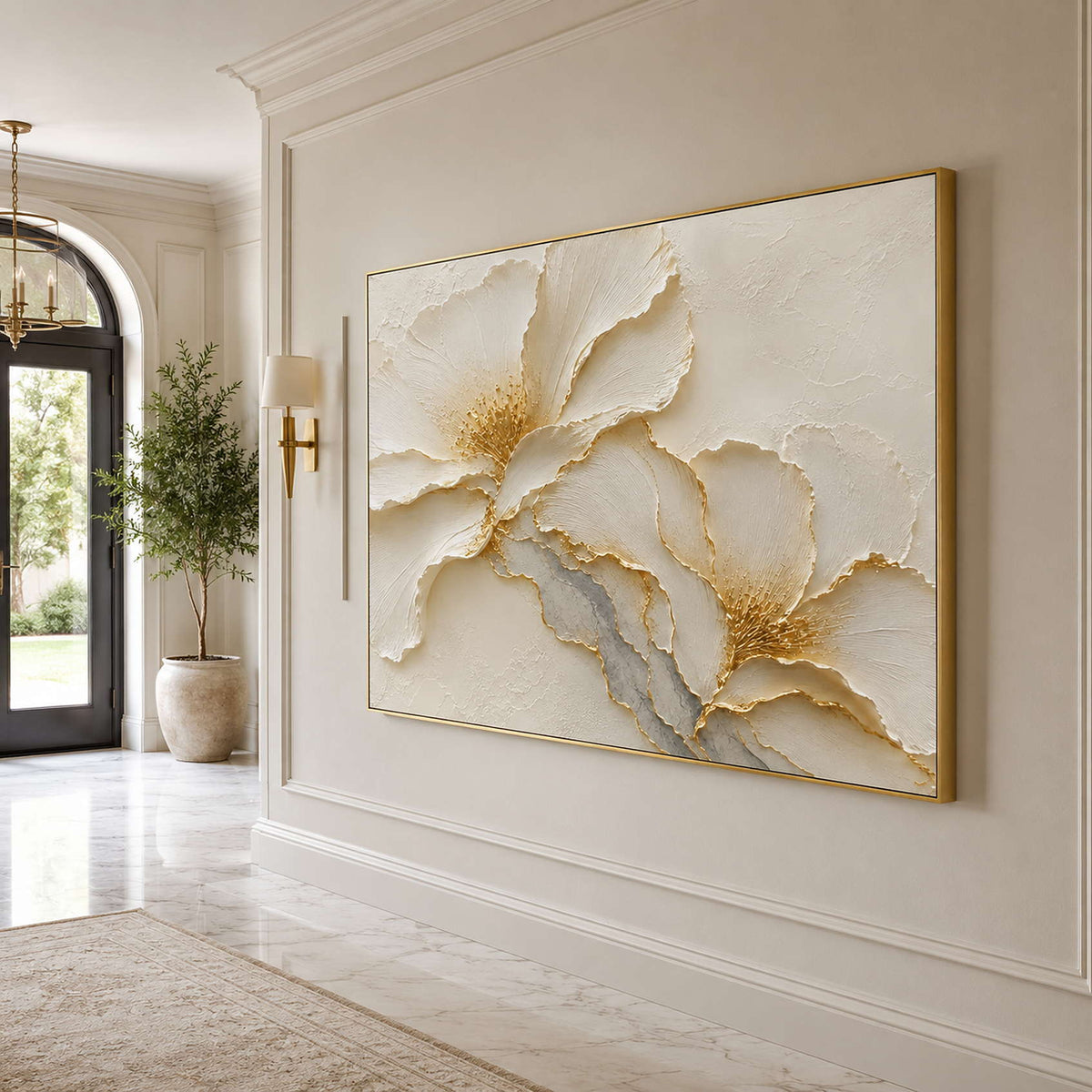 Hand-painted floral canvas for hospitality interiors.