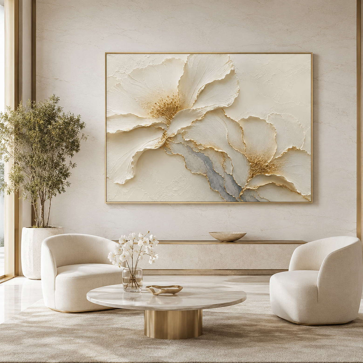 Textured floral wall art displayed in a hotel lobby.