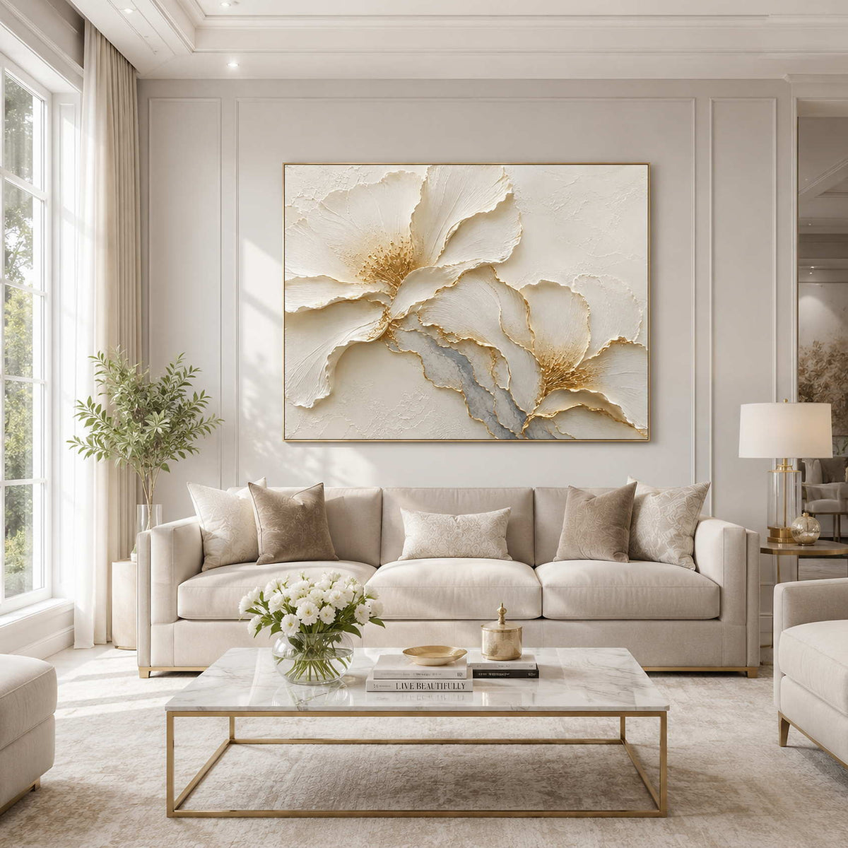 Elegant floral wall art styled in a living room.