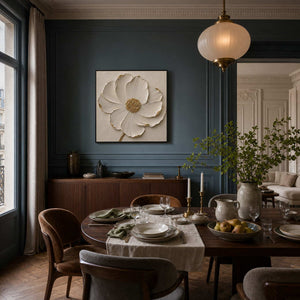 Ivory and gold textured floral wall art displayed in a refined dining room.