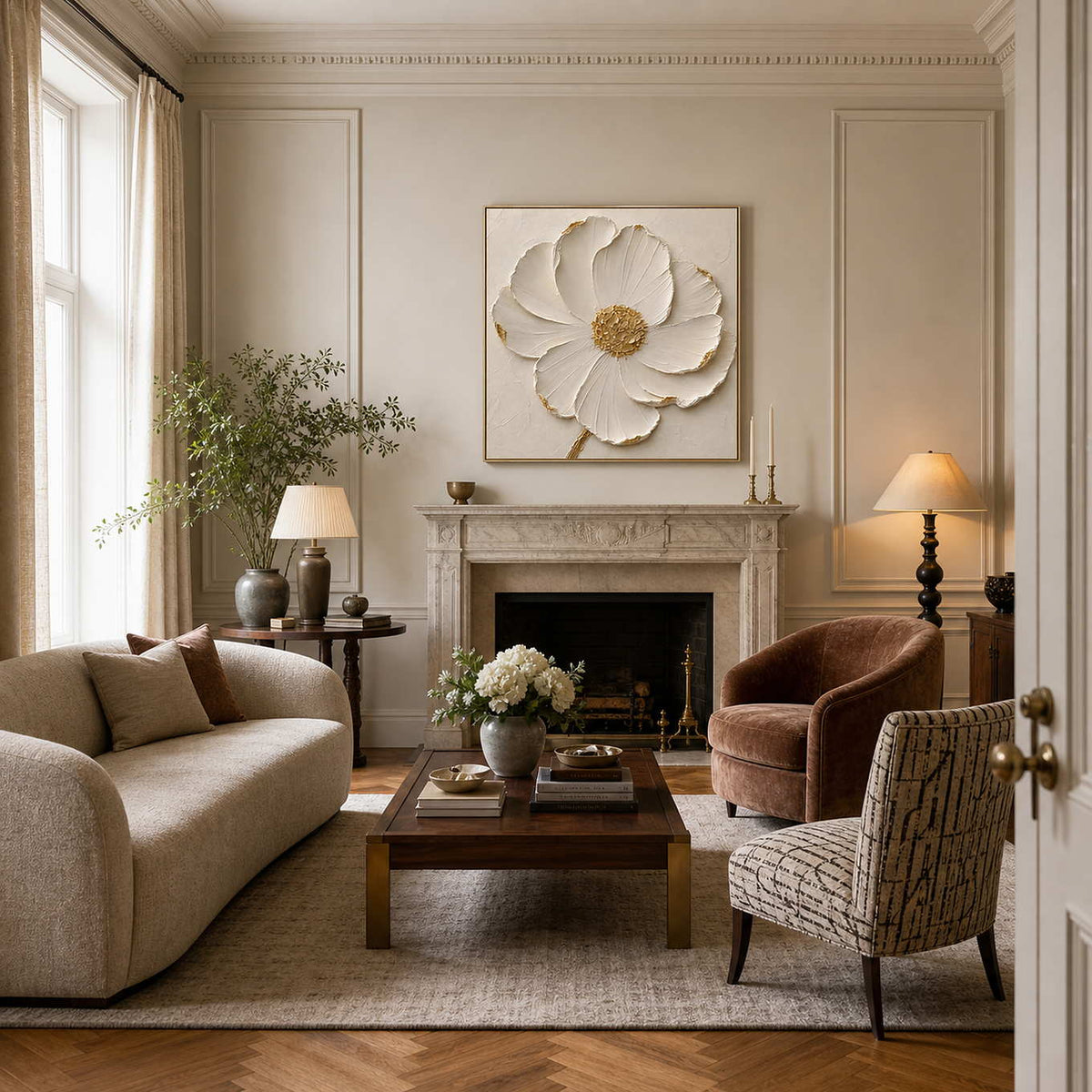 Textured floral wall art displayed above a fireplace in an elegant neutral living room.