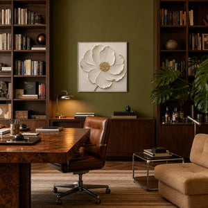 Ivory and gold floral wall art displayed in a sophisticated home office.