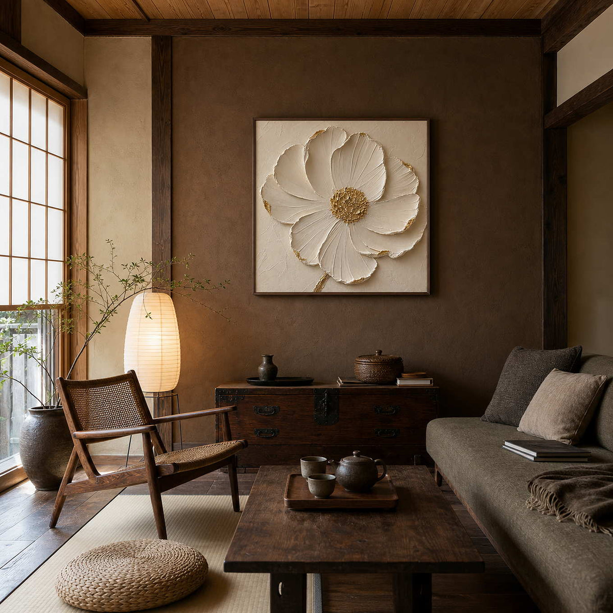 Sculptural floral wall art styled in a warm wood reading room.