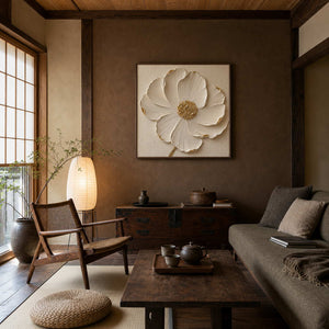 Sculptural floral wall art styled in a warm wood reading room.
