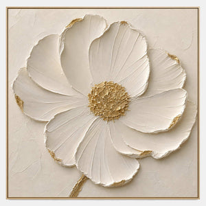 Hand-painted textured floral wall art with sculptural ivory petals and gold accents.
