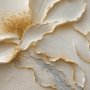 Close-up of raised ivory petals and gold texture.