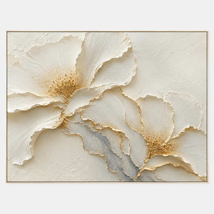 Hand-painted ivory floral canvas with soft gold texture.