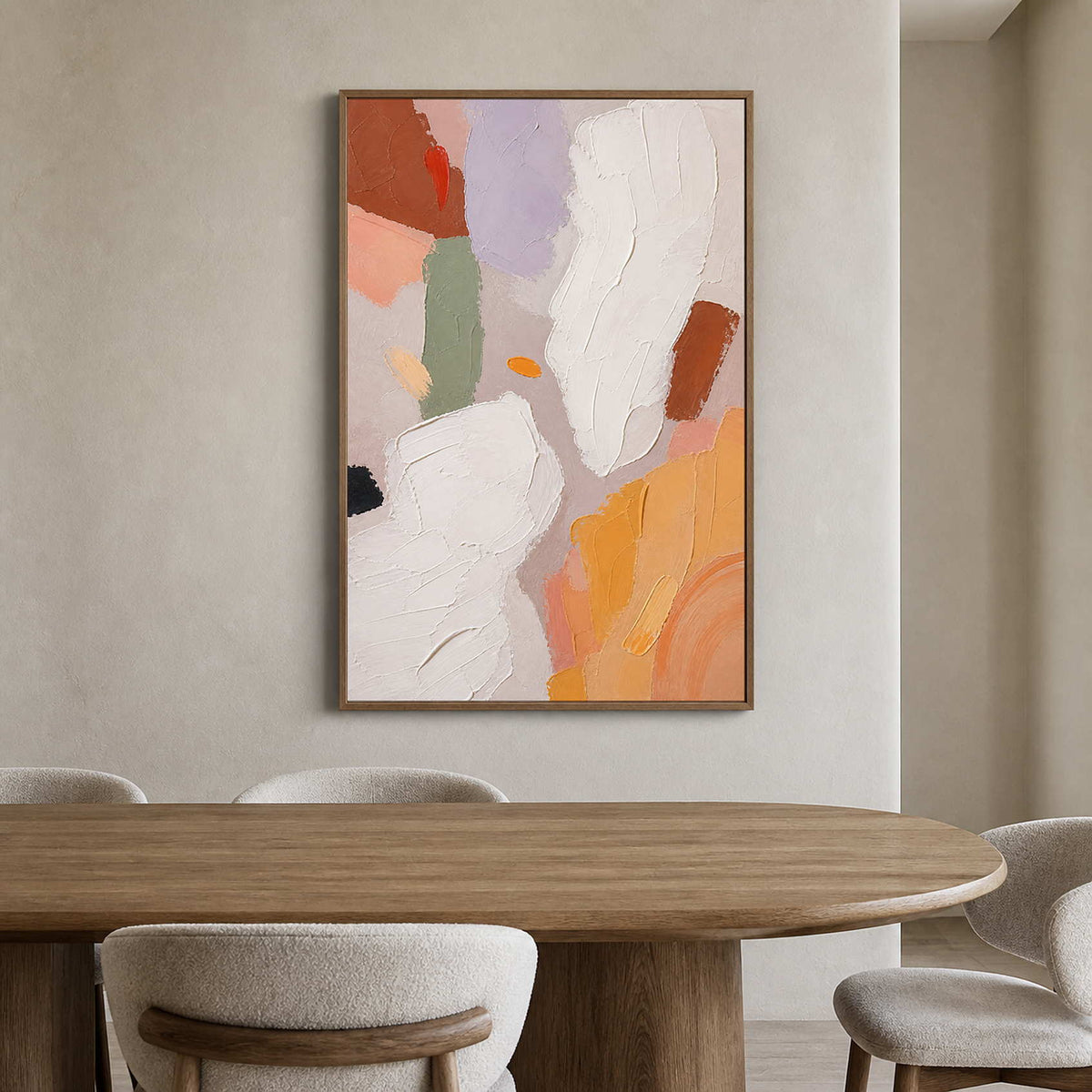 Ivory and ochre abstract painting softens a natural wood dining room.