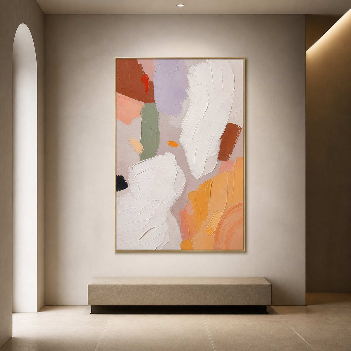 Sculptural neutral abstraction displayed above a minimalist gallery bench.