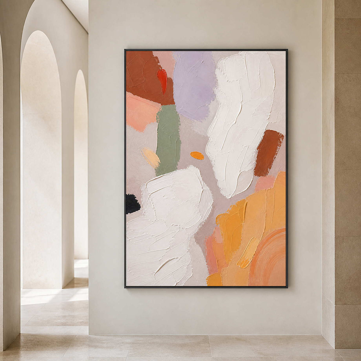 Vertical ivory abstract canvas brightens a softly curved hallway.