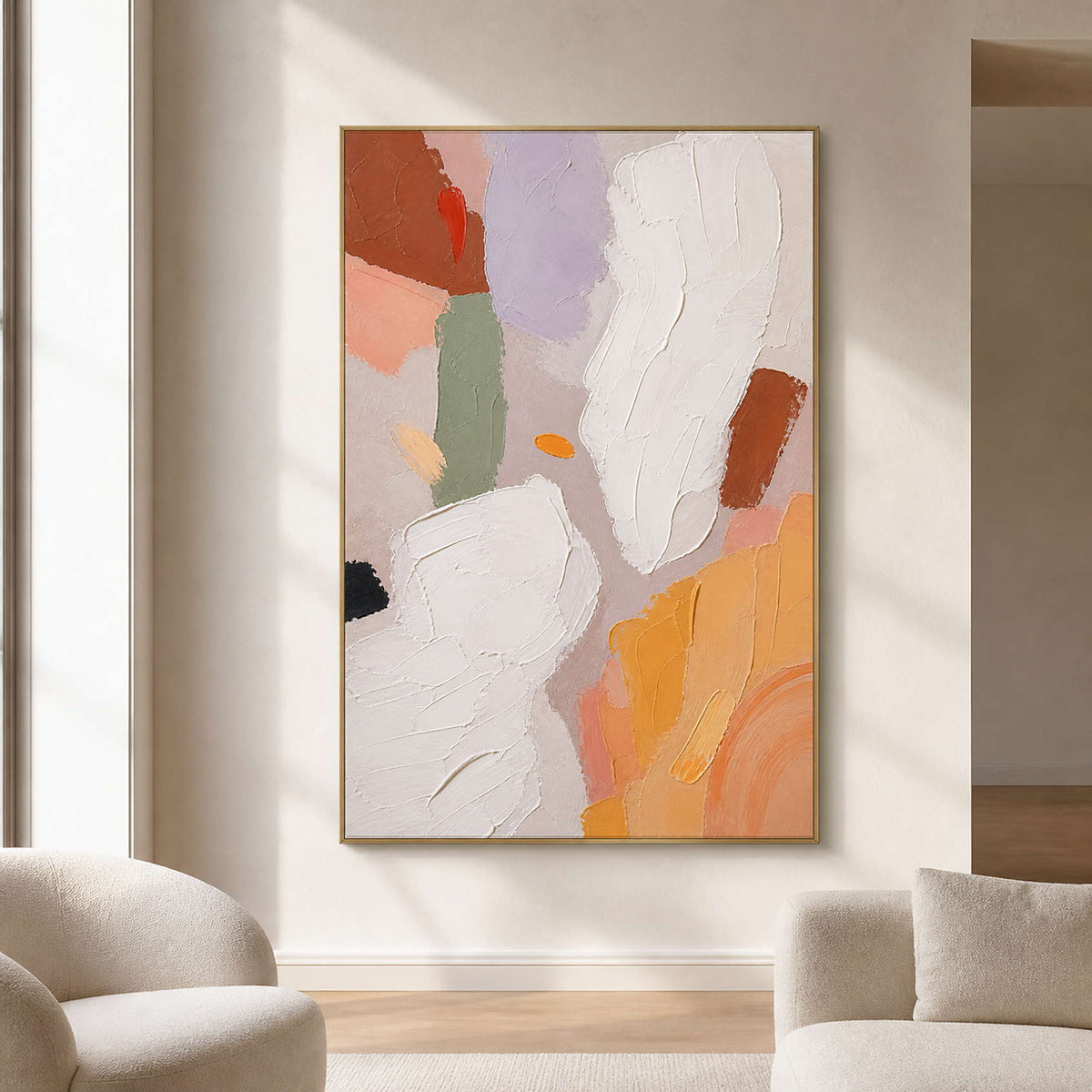 Warm ivory textured abstract wall art in a serene modern living room.