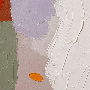 Close-up of ivory relief beside lilac, sage, and orange accents.