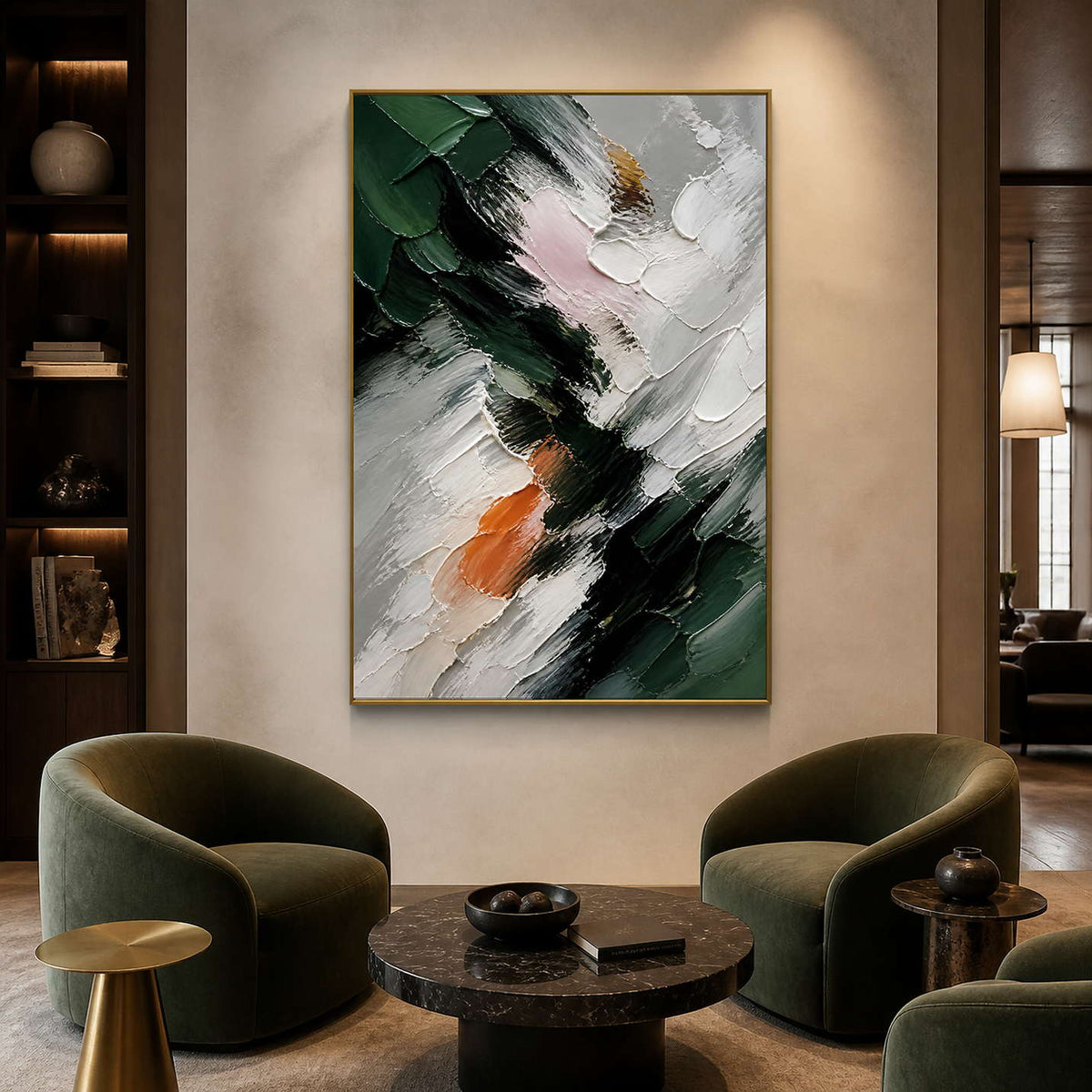 Textured deep green abstract canvas in a warm modern gallery lounge.