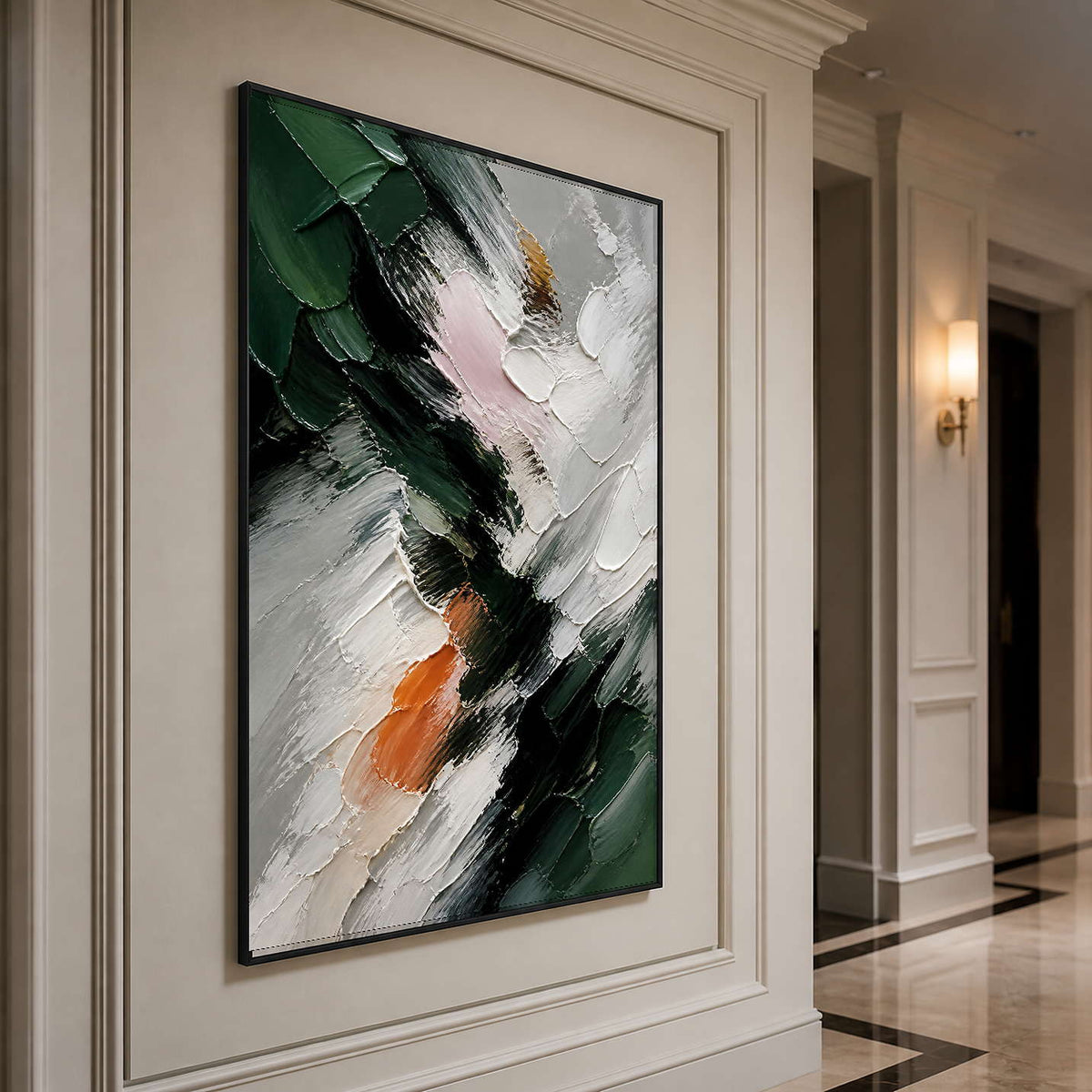 Green and ivory abstract wall art displayed along a bright contemporary hallway.