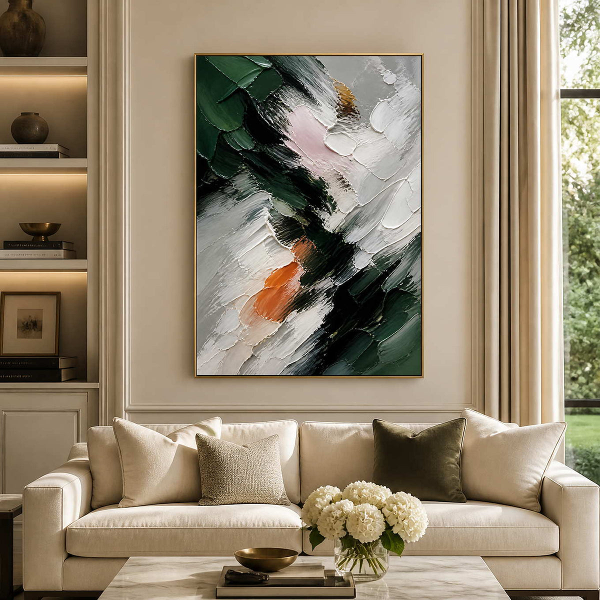 Deep green and ivory textured abstract wall art above a neutral living room sofa.