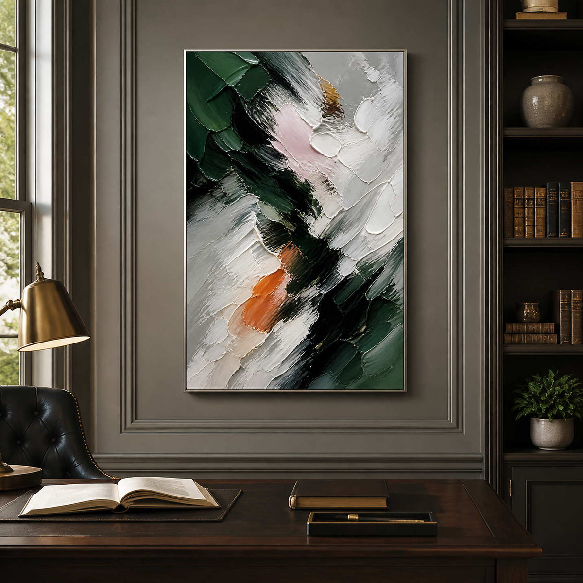 Vertical textured abstract painting creates a refined focal point in a dark office.