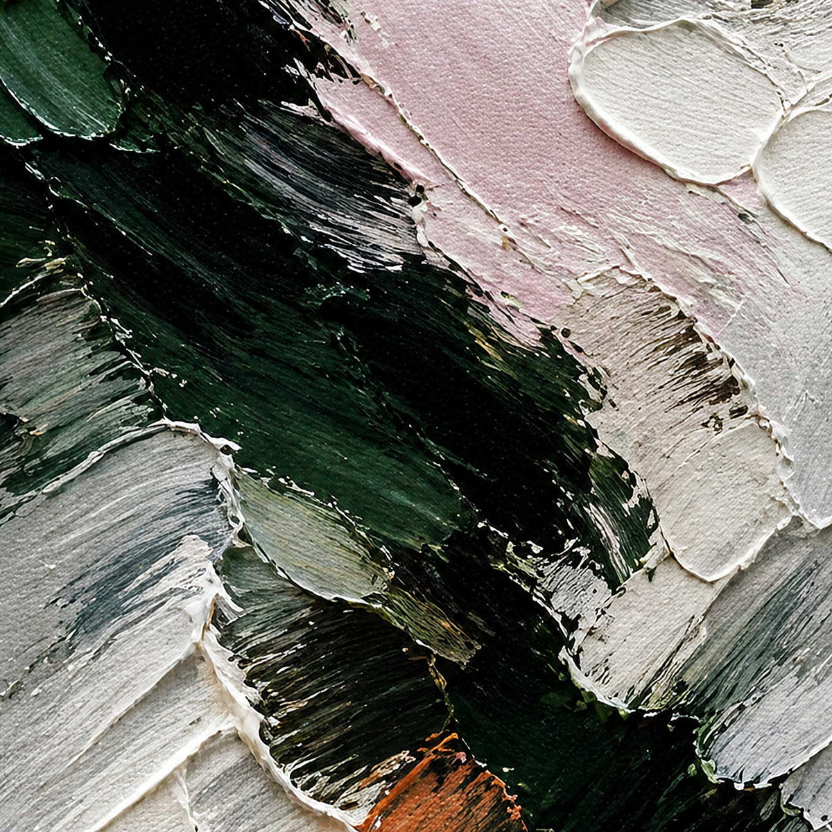 Close-up of raised ivory, blush, deep green, black, and orange palette-knife marks.