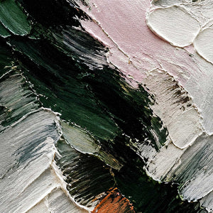 Close-up of raised ivory, blush, deep green, black, and orange palette-knife marks.