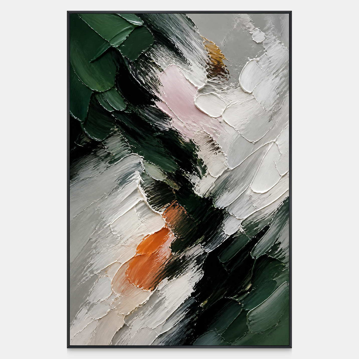 Hand-painted vertical abstract canvas with deep green, ivory, black, blush, and orange relief.
