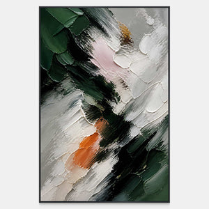 Hand-painted vertical abstract canvas with deep green, ivory, black, blush, and orange relief.