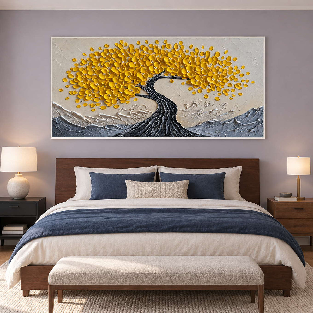 Yellow canopy painting above a bed with navy bedding.