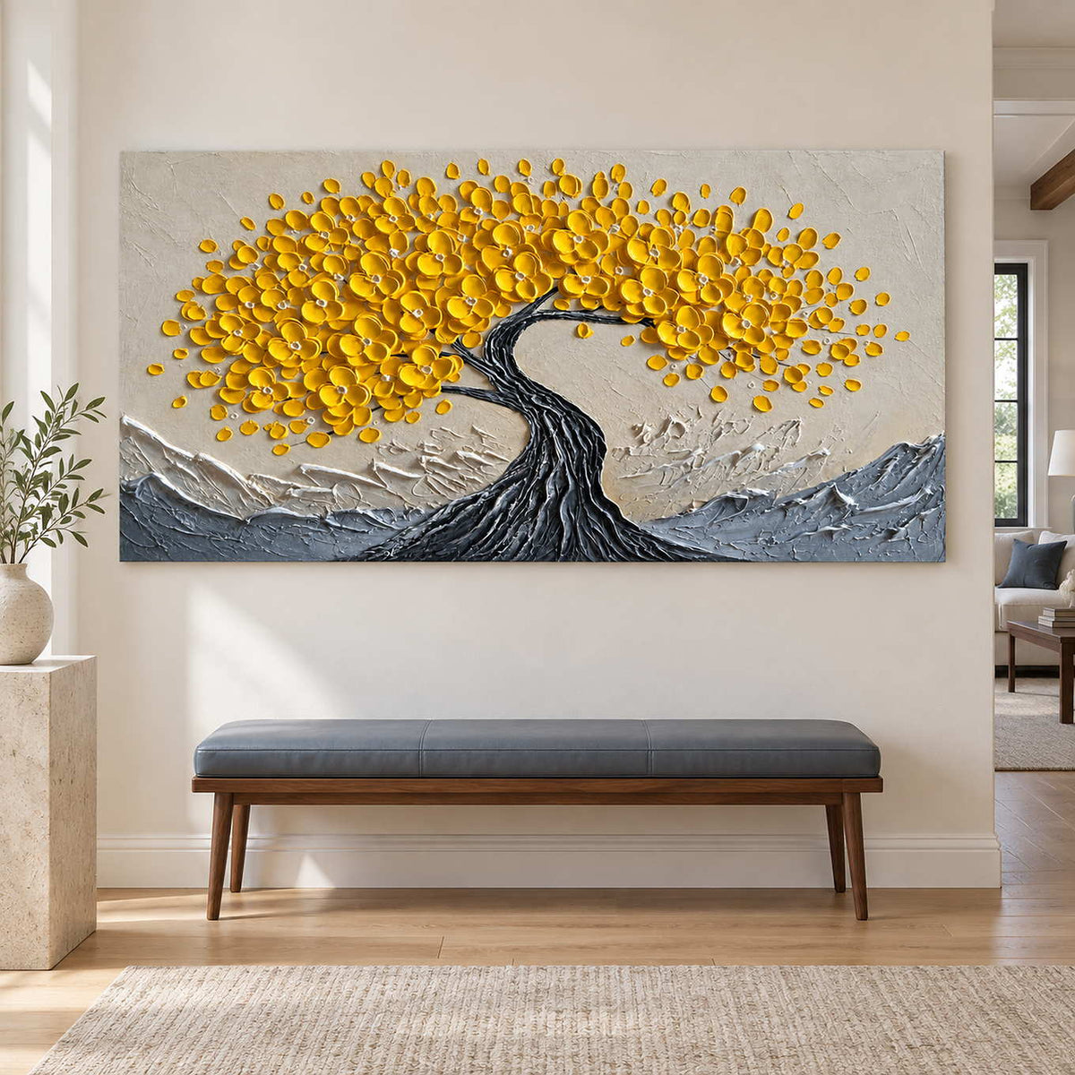 Wide flowering tree art above a slim dark bench.