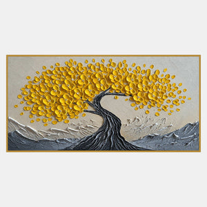 Wide painting of a dark curved tree trunk with a yellow flower canopy above rough gray forms on a pale ground.