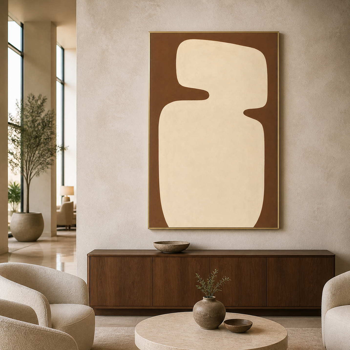 Gold framed brown and cream artwork above a cabinet in a hotel lounge.