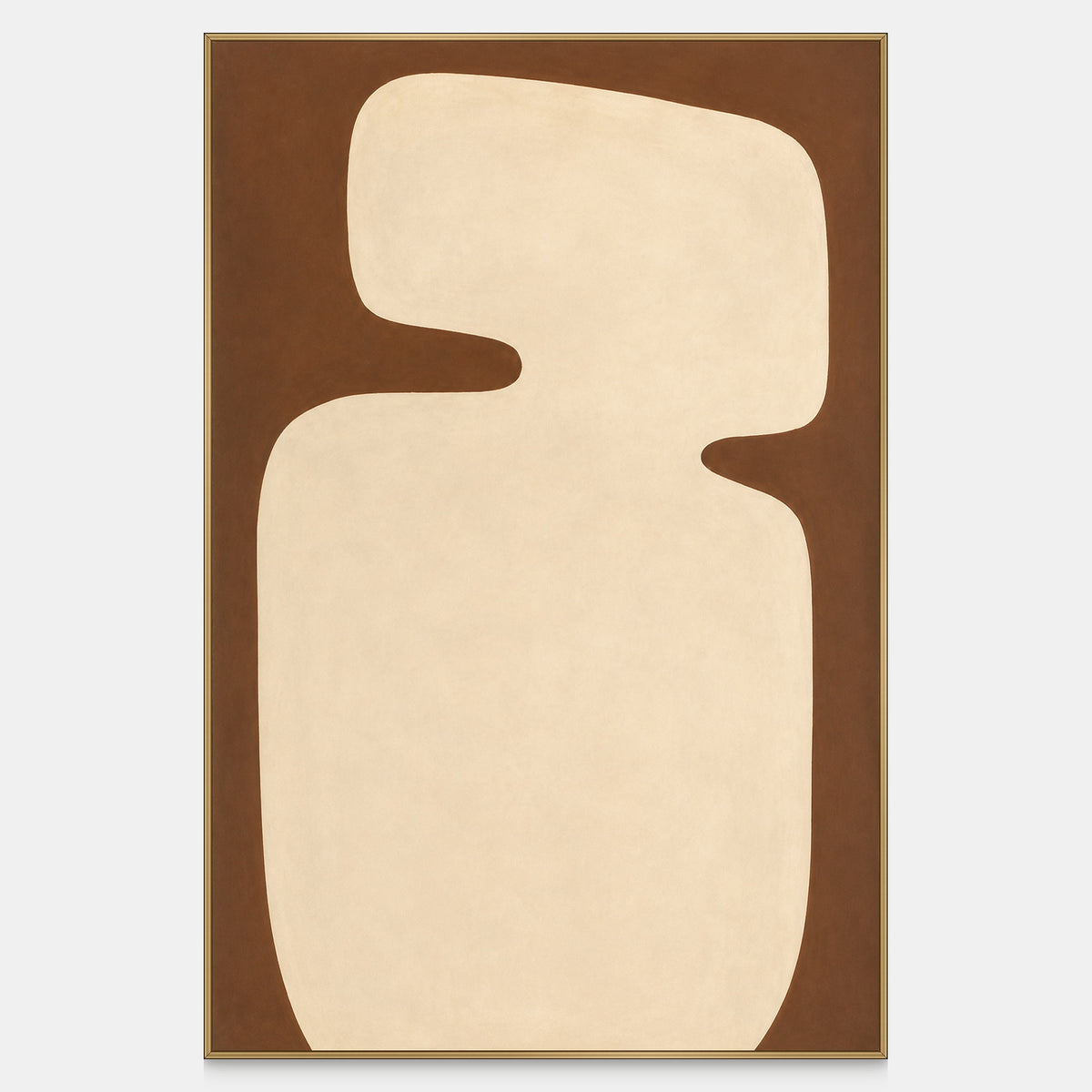 Vertical abstract painting with a rounded cream shape curving inward against warm brown.