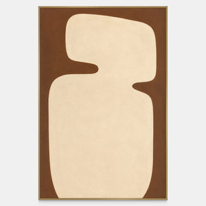 Vertical abstract painting with a rounded cream shape curving inward against warm brown.