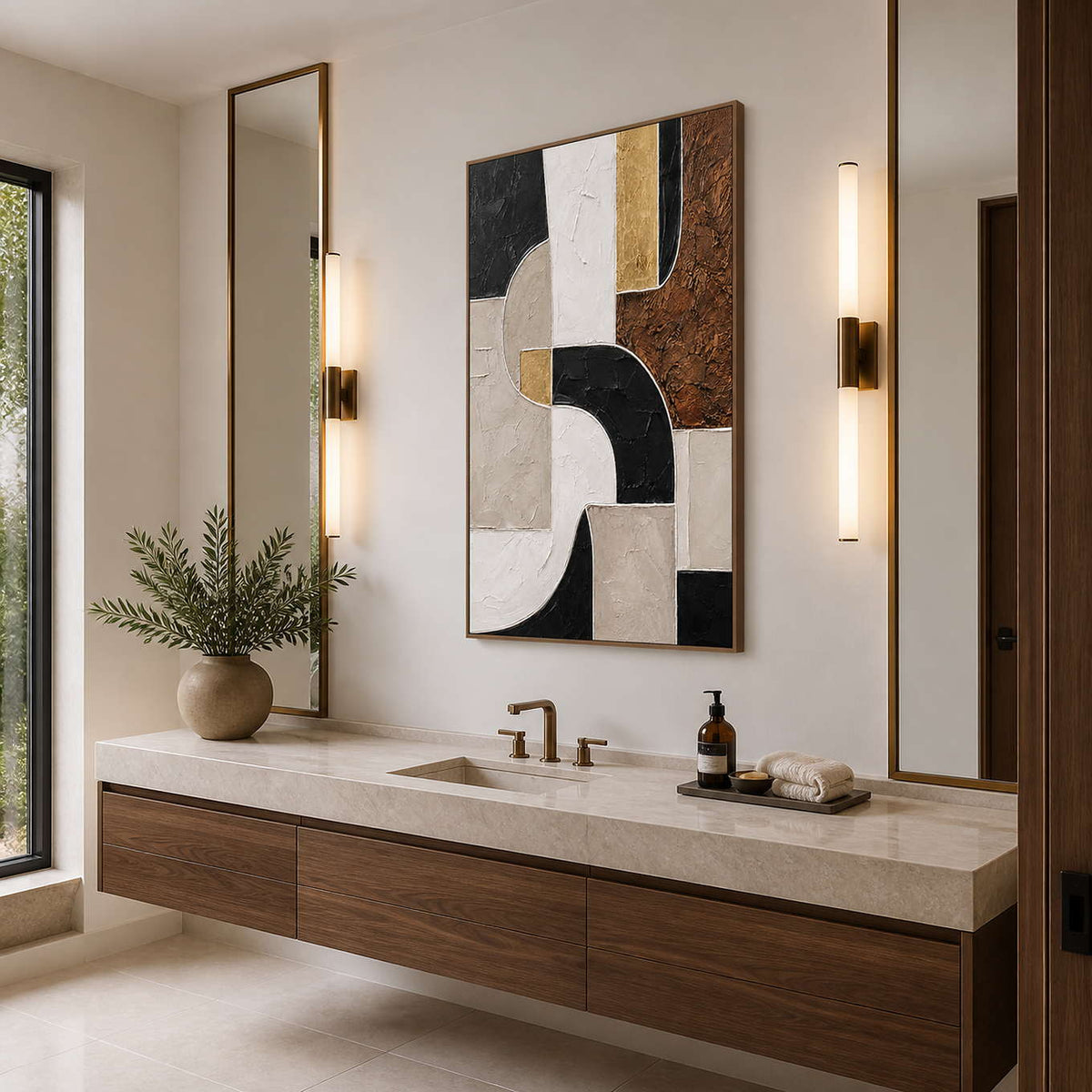 Wood framed geometric artwork above a pale stone vanity between tall bathroom mirrors.