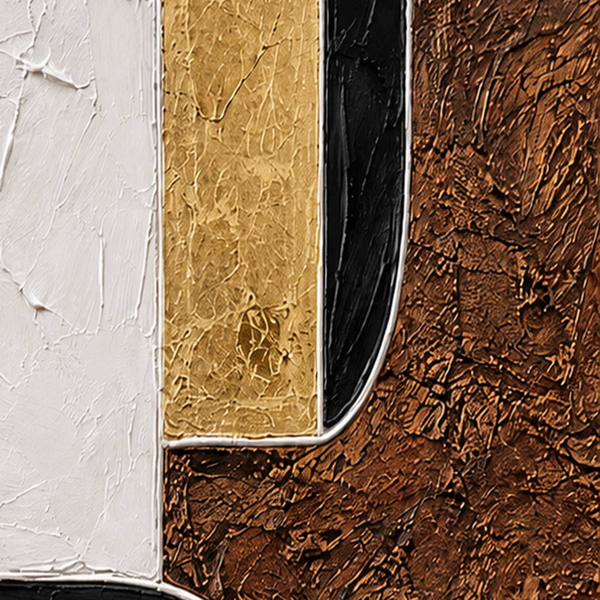 Close view of raised cream borders separating gold, black, and richly textured brown areas.