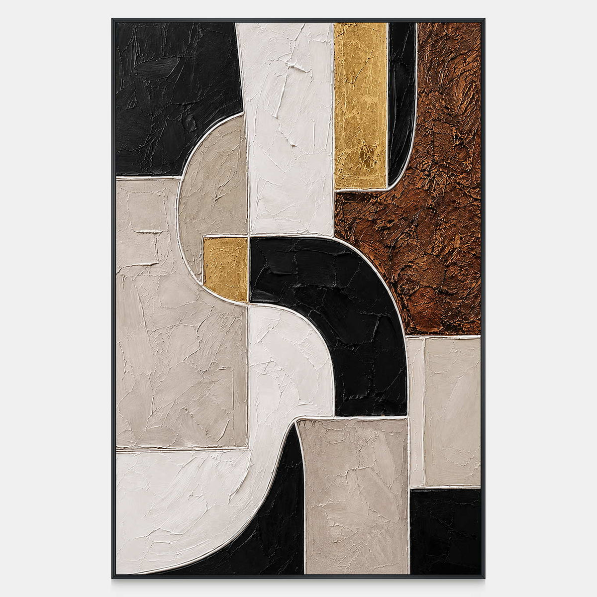 Vertical geometric painting combining cream and black curves with gold rectangles and textured brown.