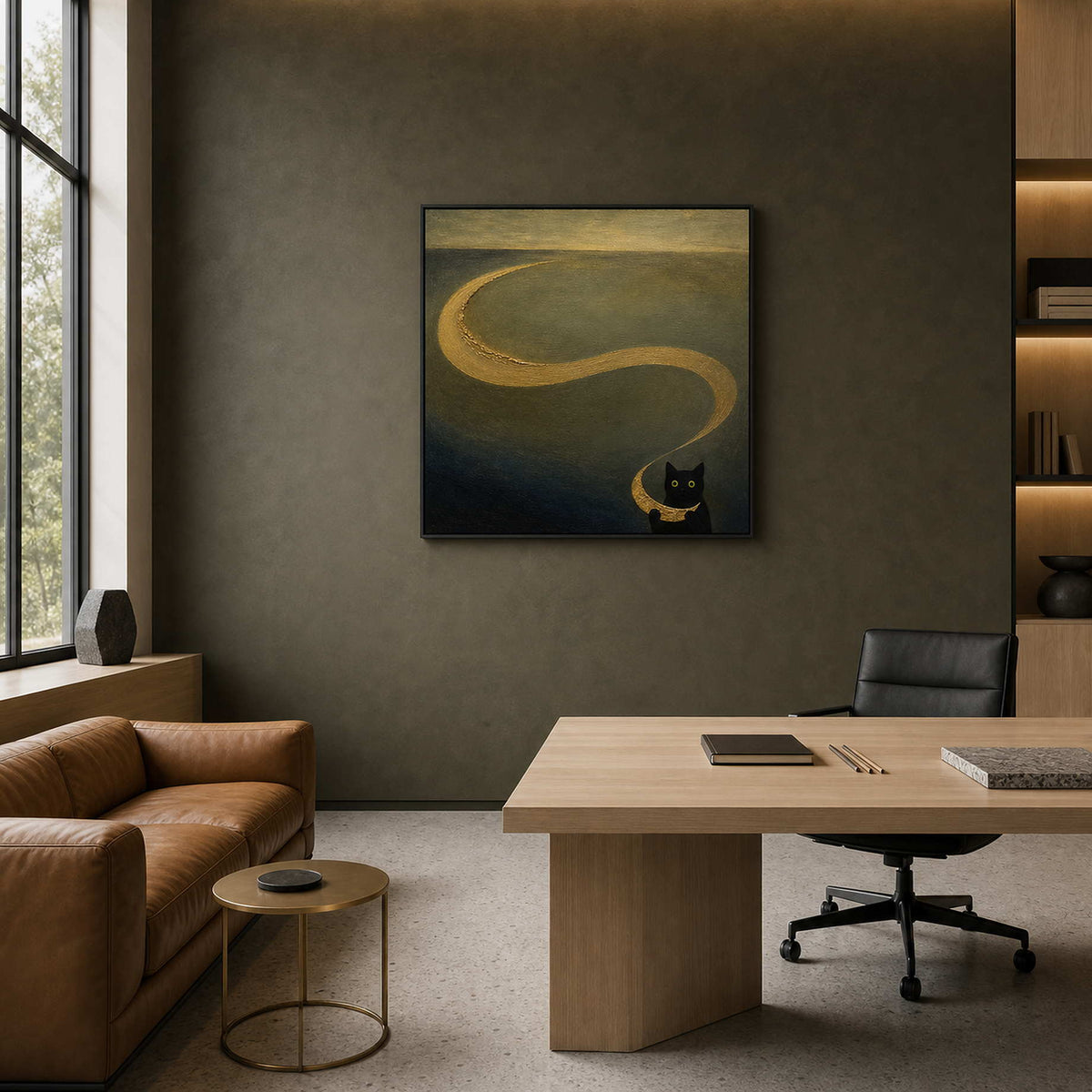 Modern cat canvas displayed in an animation studio creative director office.