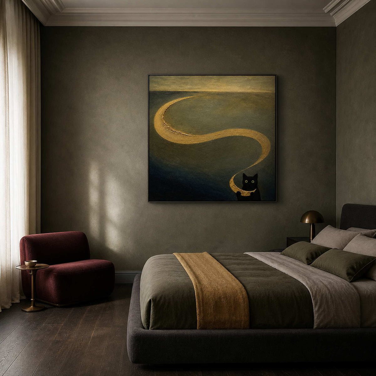 Dark whimsical cat wall art styled above a Paris bedroom.