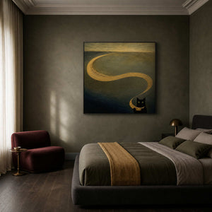 Dark whimsical cat wall art styled above a Paris bedroom.