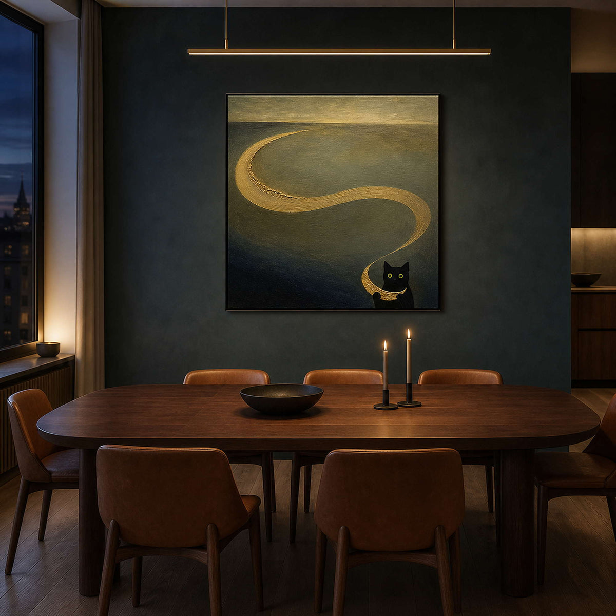 Black and gold animal wall art in a Copenhagen dining room.