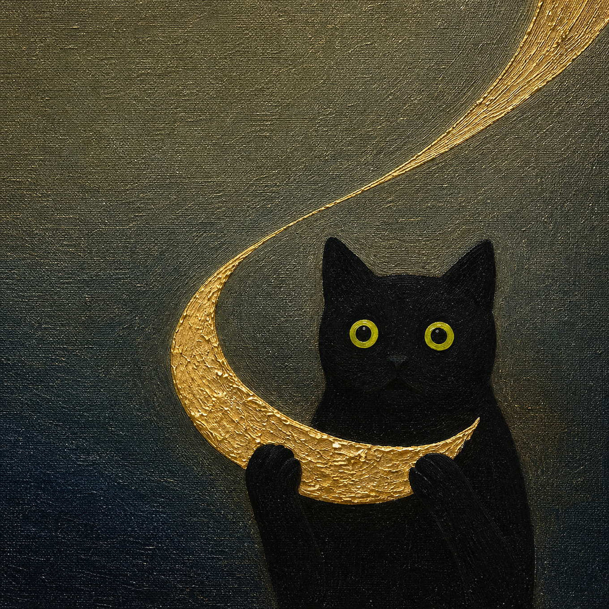 Close-up of raised antique gold texture beside a black cat.