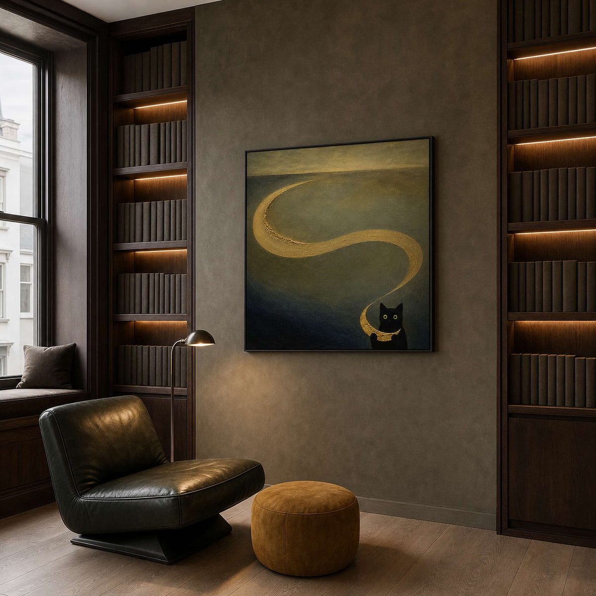 Textured black cat painting styled in a San Francisco townhouse library.