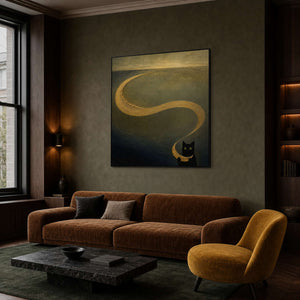 Modern black cat wall art displayed in a dark London living room.